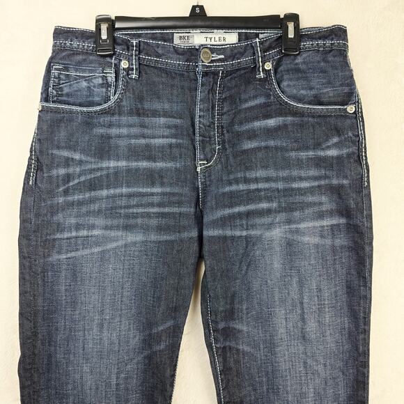 BKE Denim Tyler Straight Leg Blue Jeans 33R 33x26 Whiskers Faded Grunge - Picture 3 of 16